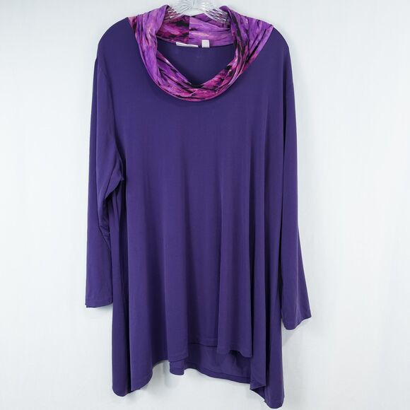 Susan Graver Liquid Knit Tunic Top Printed Cowl Neck Womens 2X Purple Stretchy - Picture 1 of 16